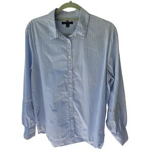 Tommy Hilfiger Relaxed Fit Shirt L Blue White Stripe Lace Logo Cotton